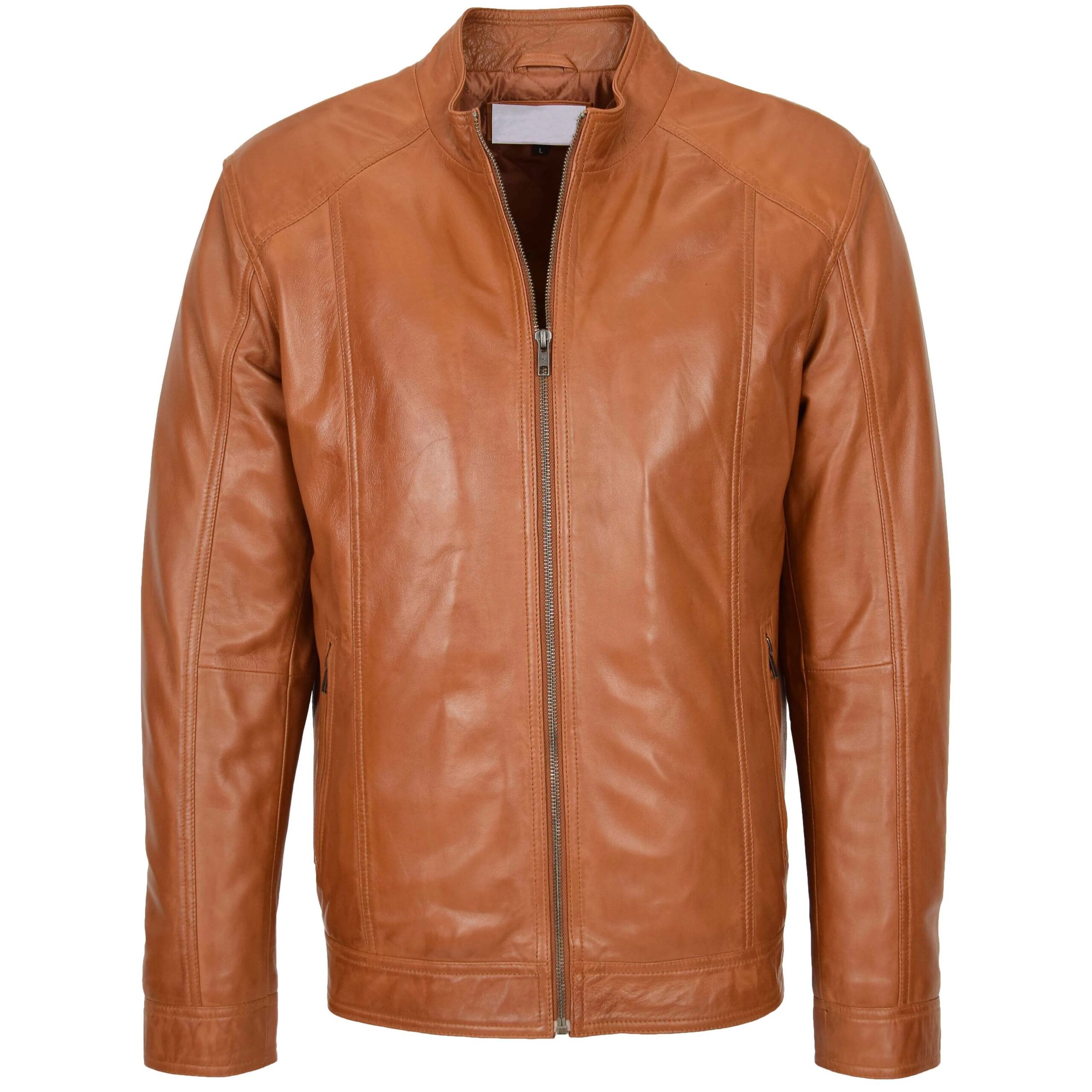 1 (1) Mens Soft Leather Casual Plain Zip Jacket Matt Dynamo Tan