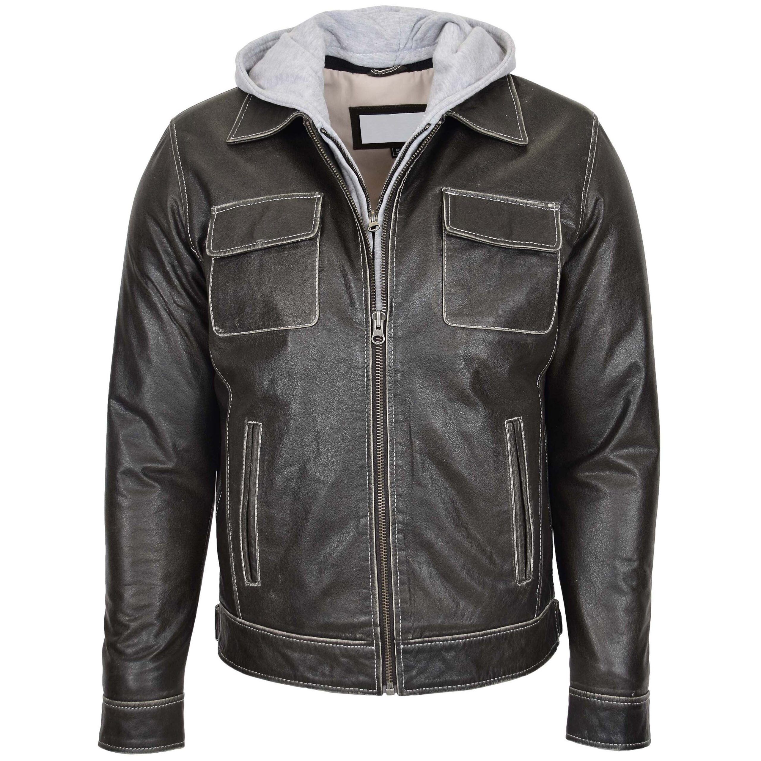 Men’s Grey Leather Biker Jacket Detachable Hoodie Work Style - Image 1