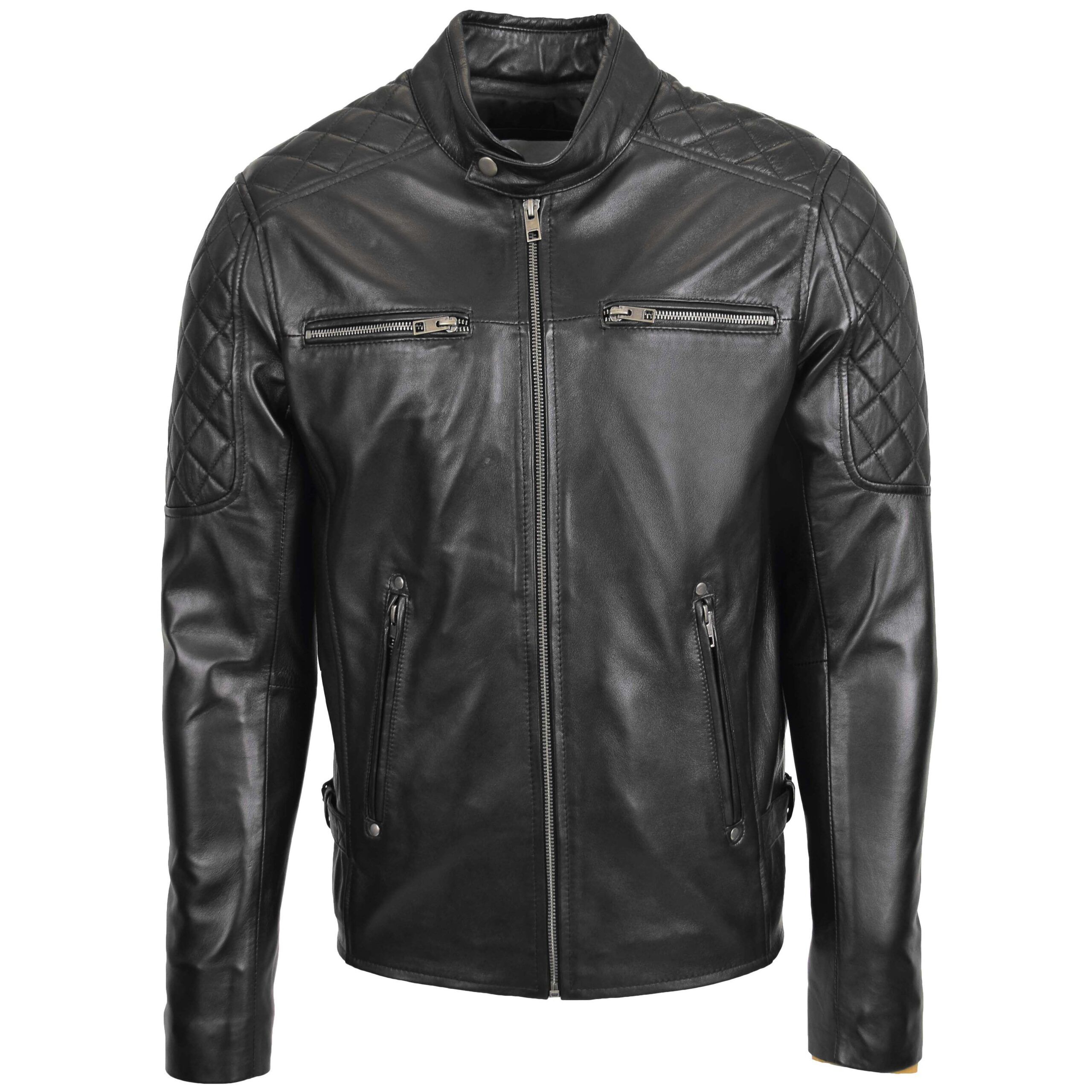 Mens Real Leather Biker Jacket Quilt Detailing - Image 1