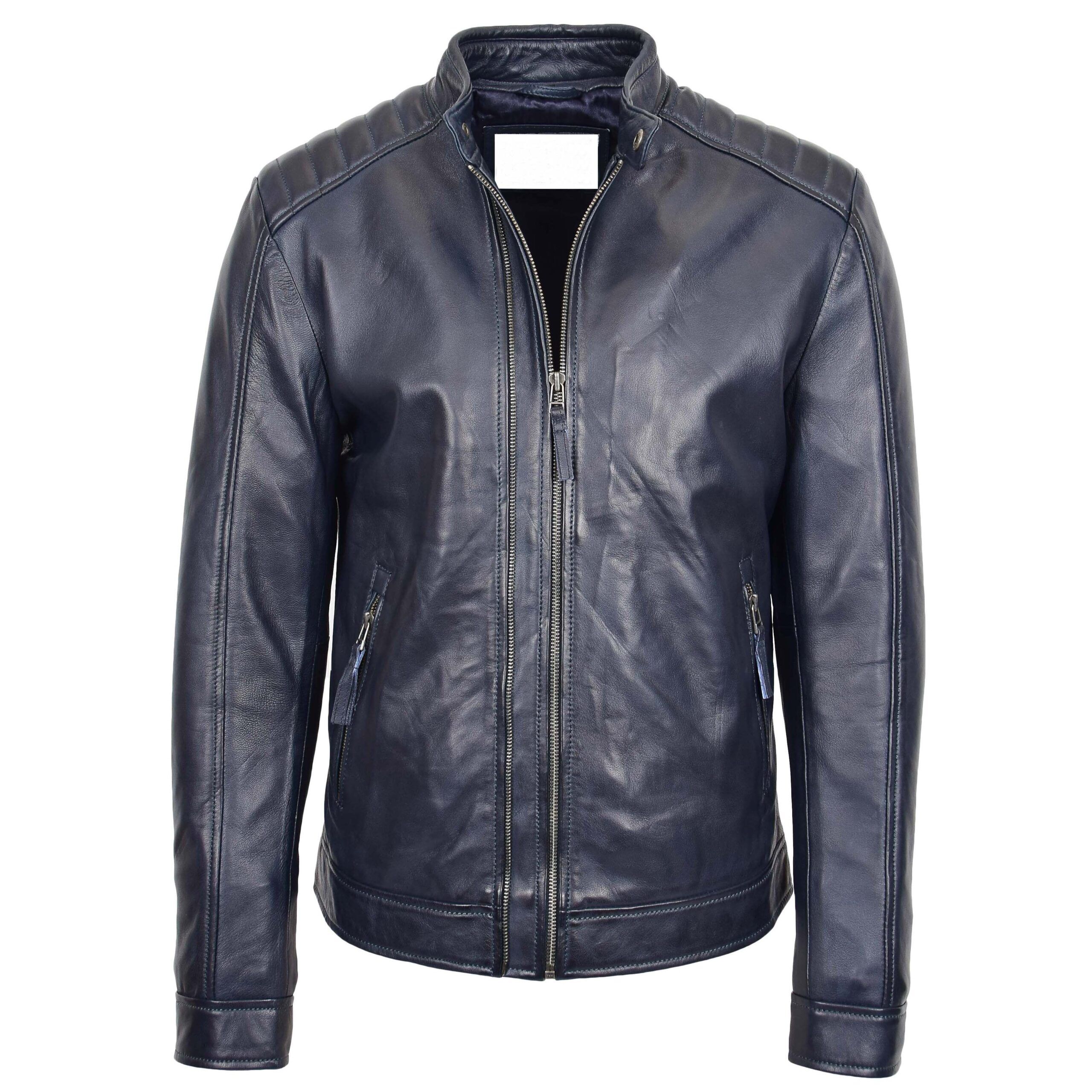 Mens Real Leather Biker Jacket Archie Luna Navy Blue