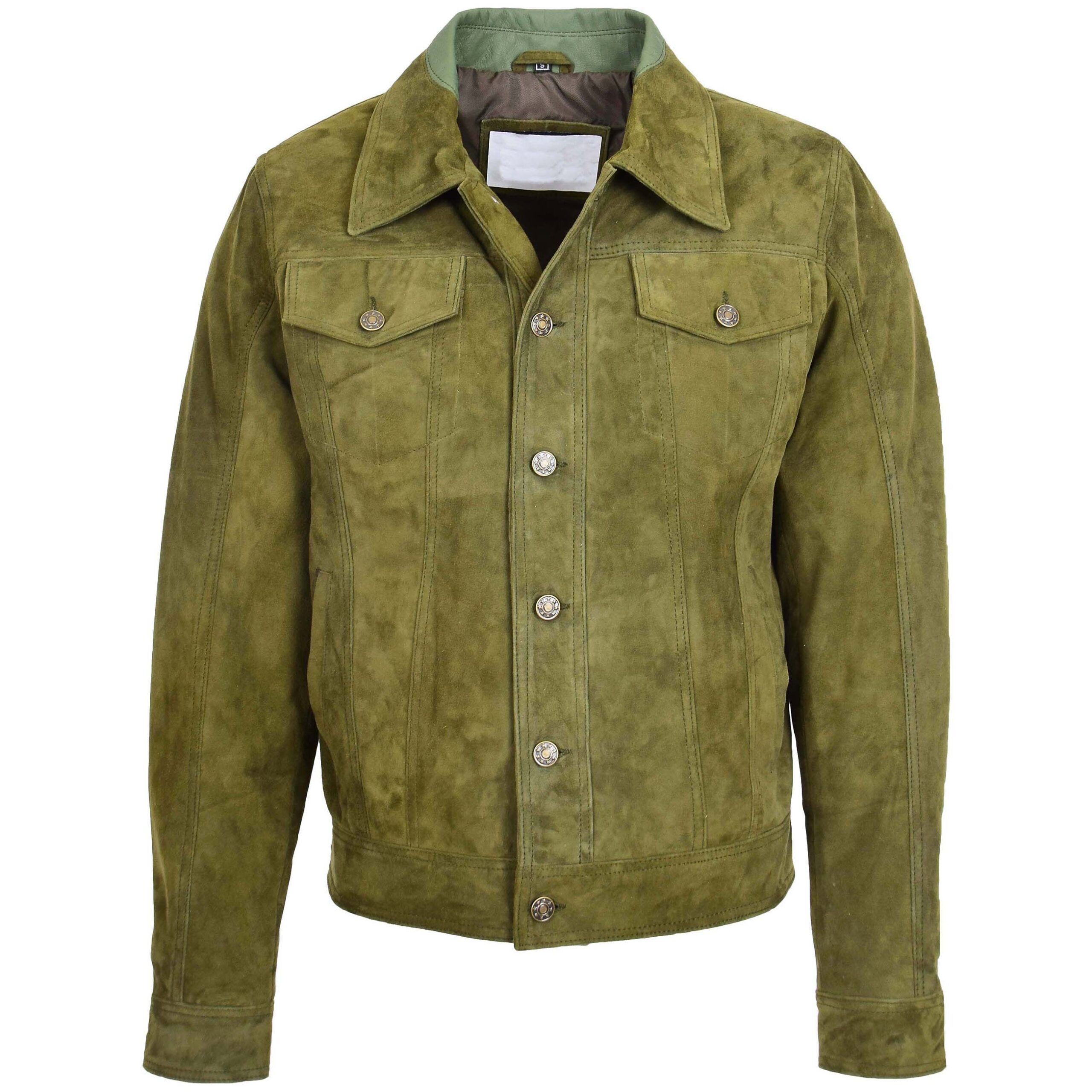 Mens Real Suede Trucker Harrington Jacket Daryl Aurora Green
