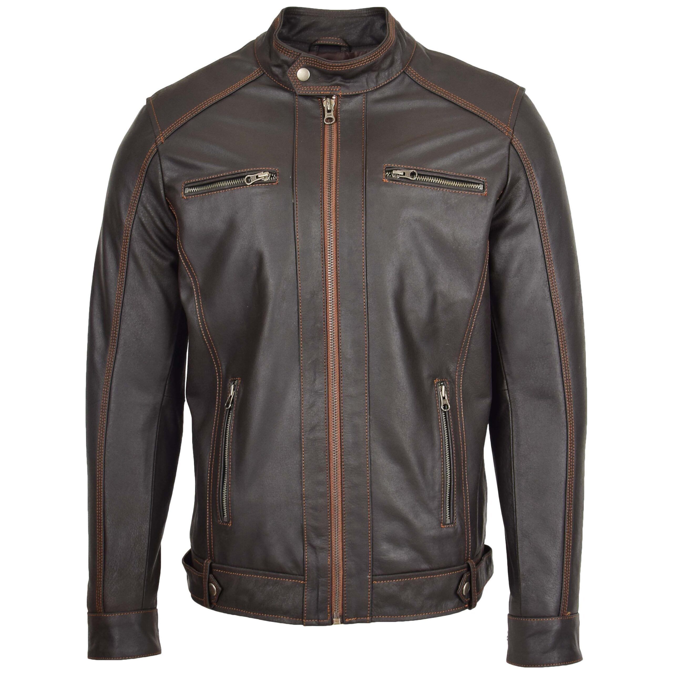 Mens Real Leather Biker Style Zip Jacket Classic Cafe Racer Ethan Brown - Image 1