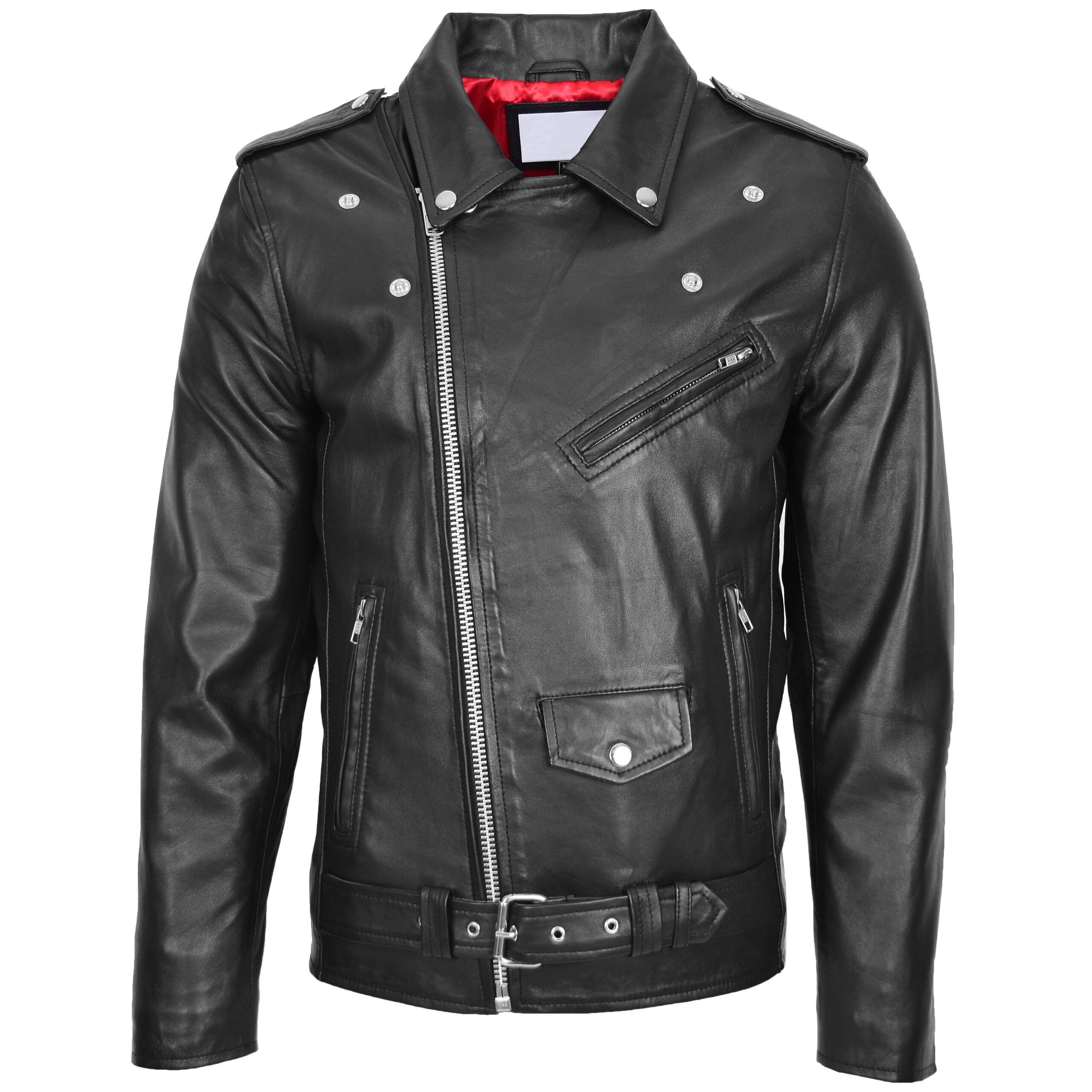 Mens Real Leather Biker Jacket Cross Zip Brando Style - Image 1