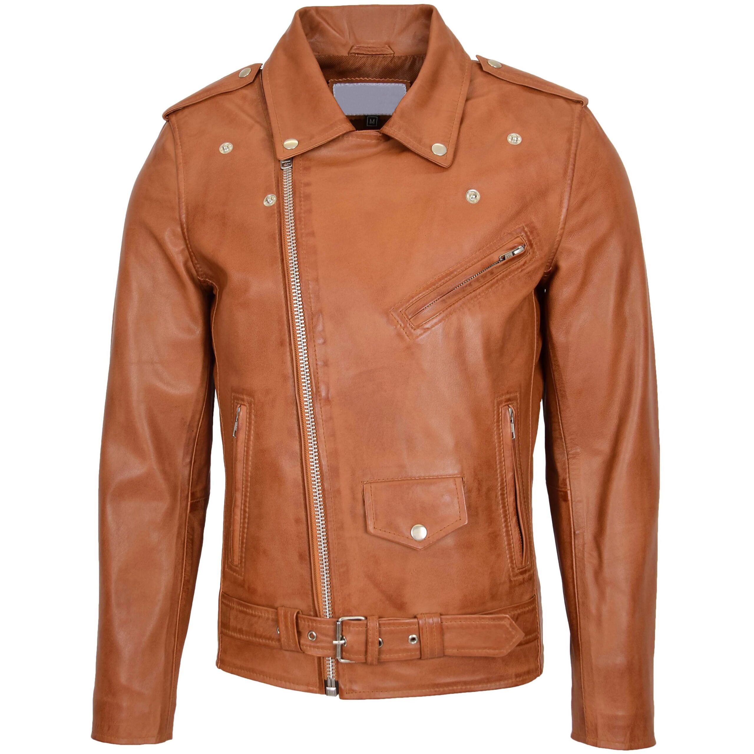 Men's Leather Biker Jacket Brando Style Johnny Dynamo Tan - Image 1