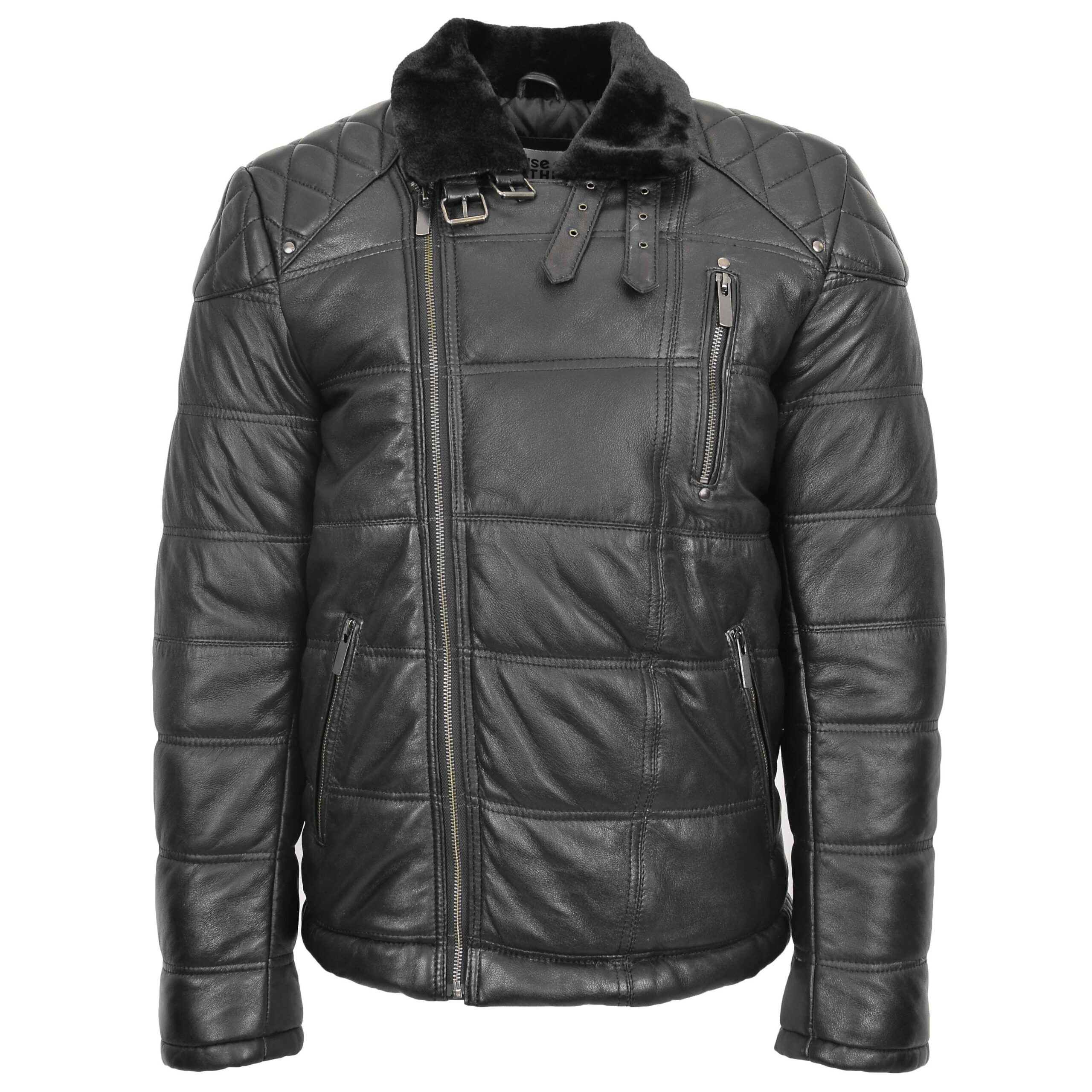 Men Leather Biker Puffer Black Jacket - Image 1