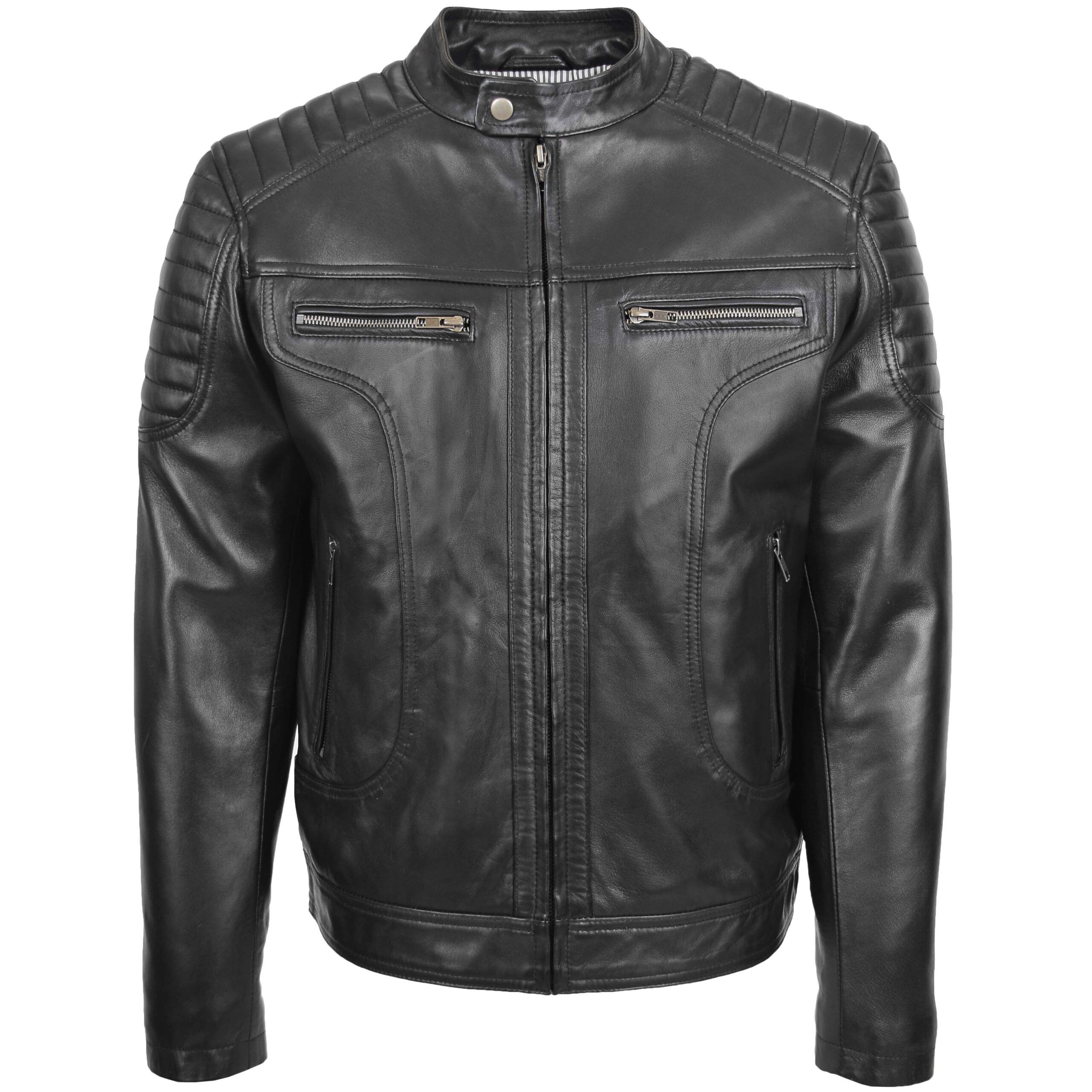 Mens Real Leather Biker Jacket Cafe Racer Style Ron - Image 1