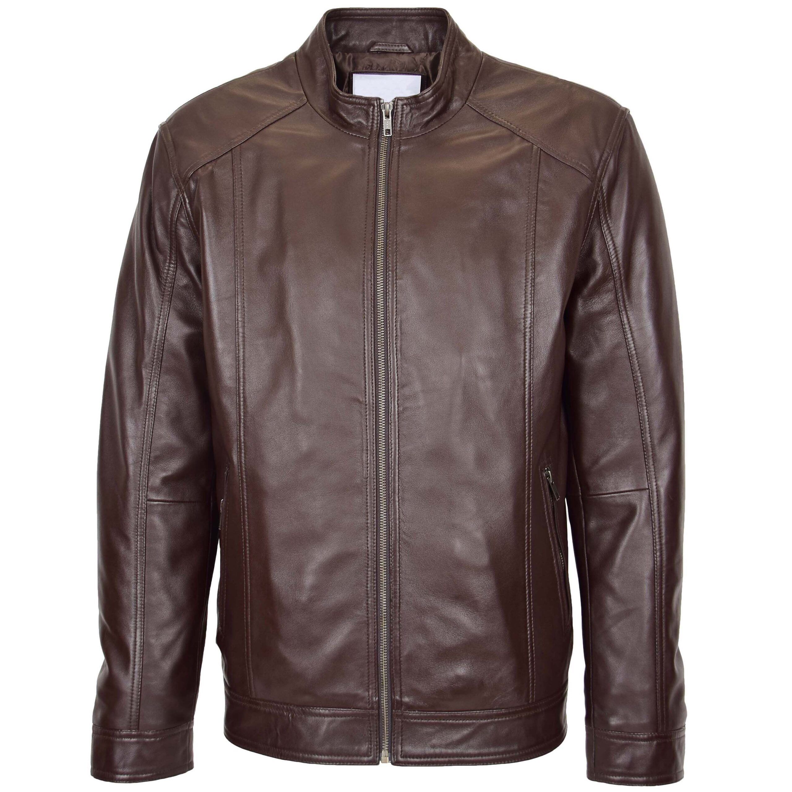 Mens Soft Leather Casual Plain Zip Jacket Matt Zenith Brown