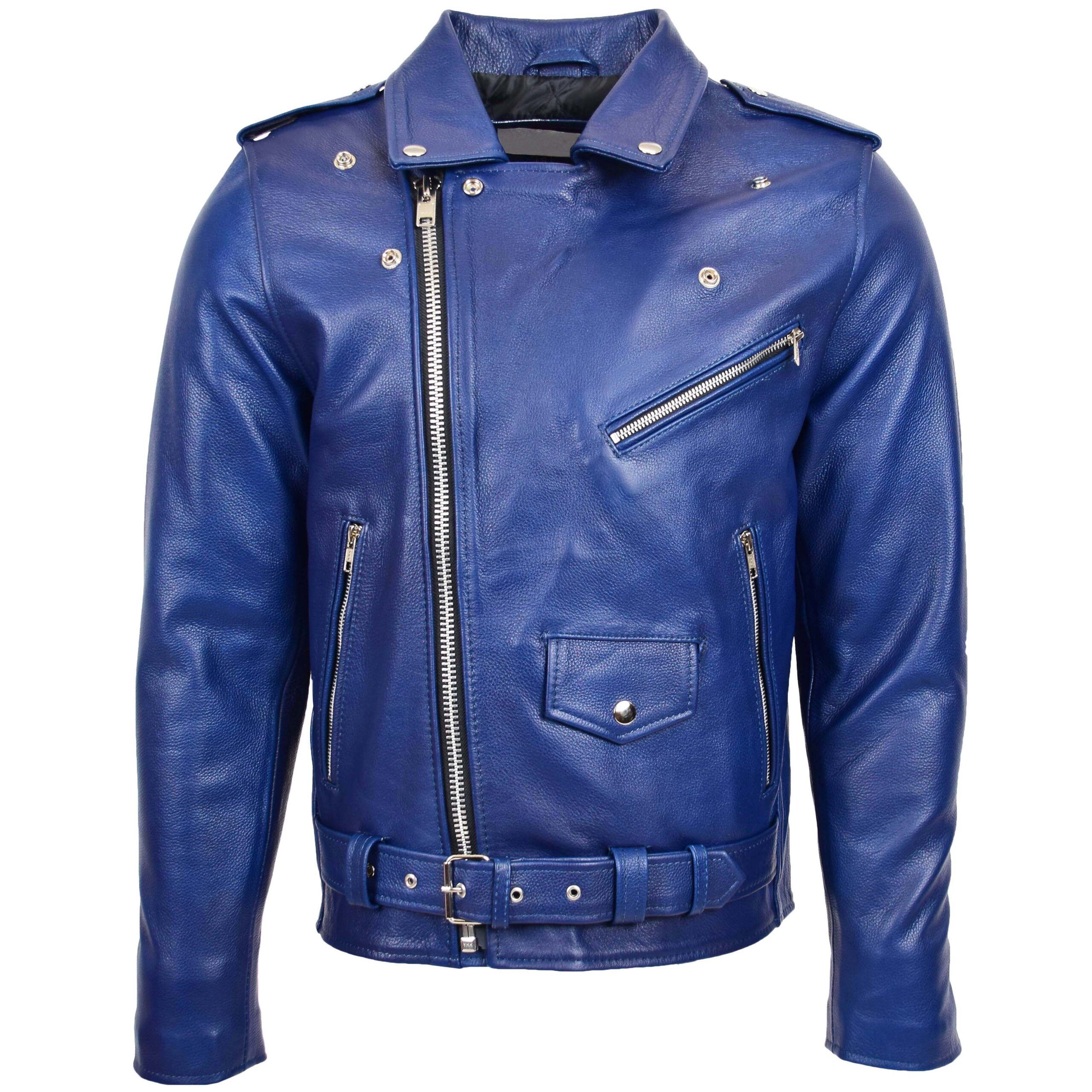 Men's Leather Jacket Casual Stylish Royal Blue Leather Biker Jacket - Image 1