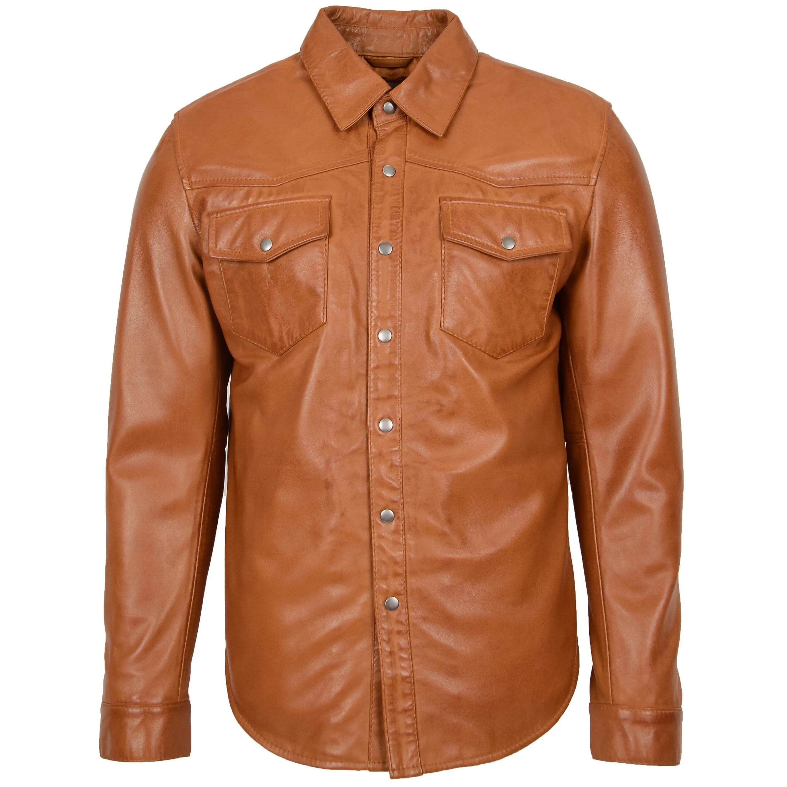 Men’s TAN Leather Shirt 100% Lambskin Western Stylish Shirt - Image 1