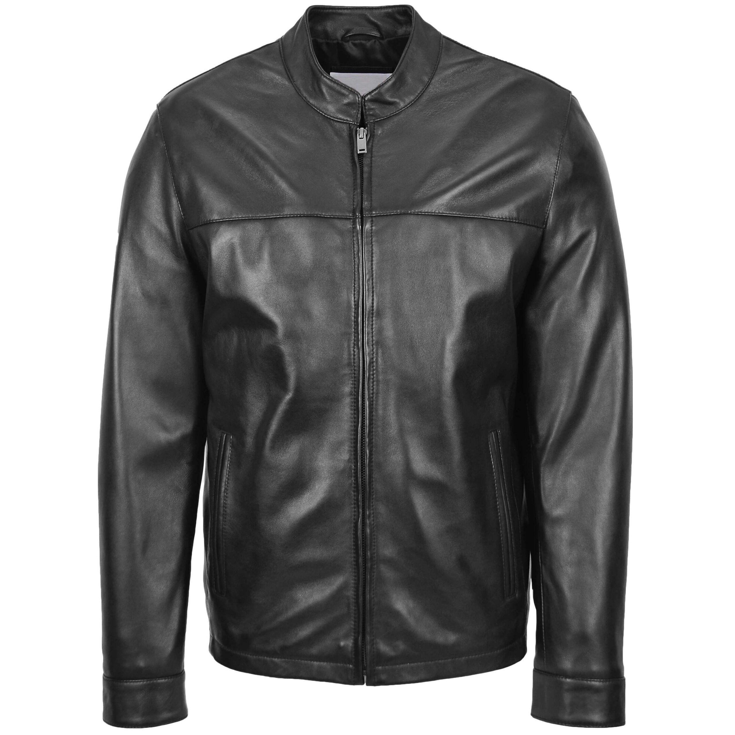 Mens Real Leather Classic Zip Box Jacket Standing Collar Paul - Image 1