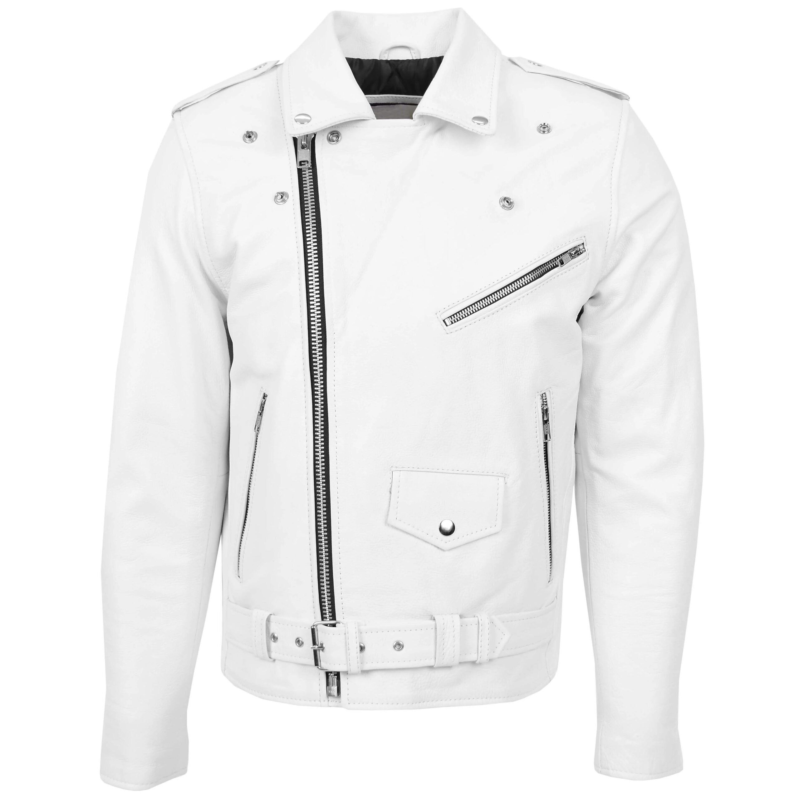 Men’s White Leather Biker Jacket Heavy Duty Moto Biker Style - Image 1