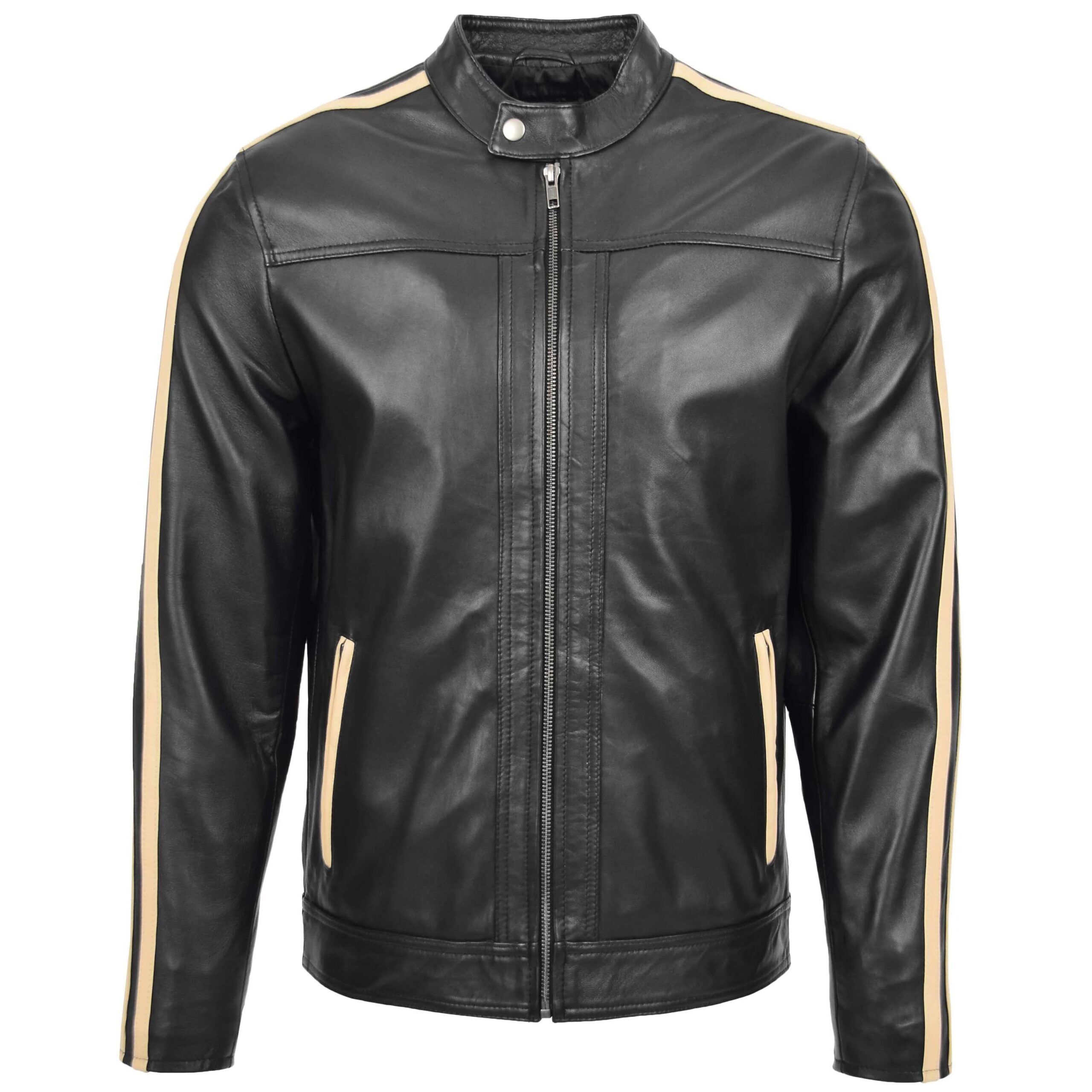Mens Real Leather Biker Jacket with Racing Stripes Clyde Black - Image 1