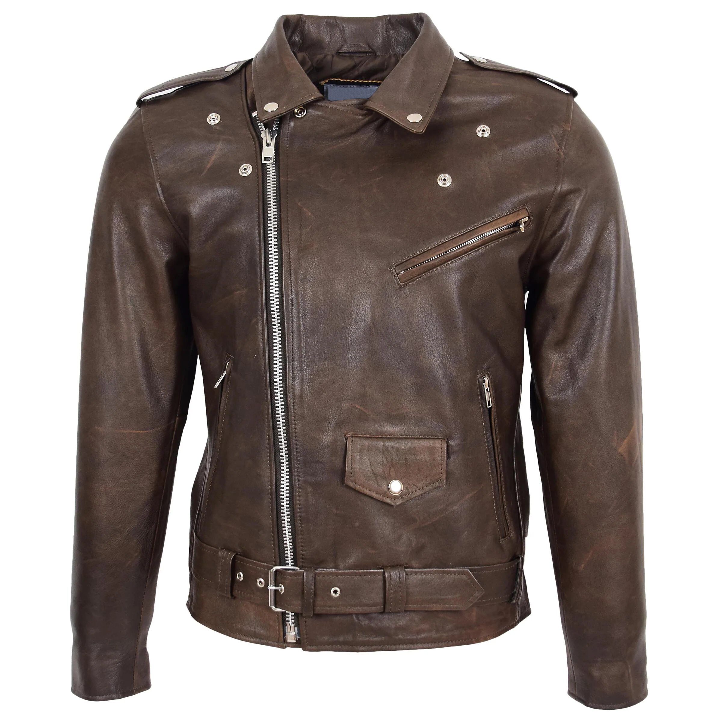 Mens Real Leather Biker Jacket Cross Zip Brando Style Kyle - Image 1