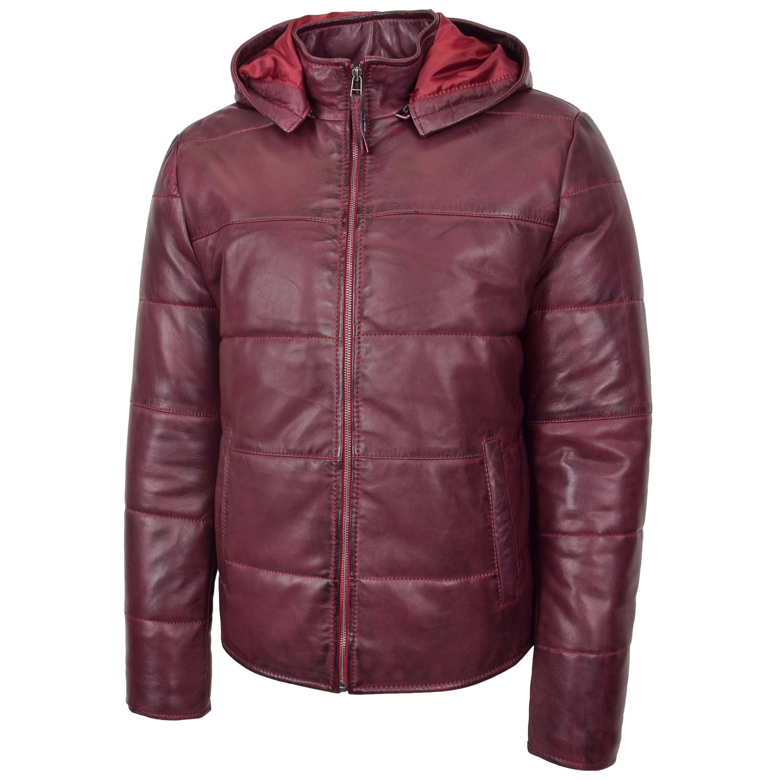 Men real leather puffer jacket fully padded with hood (Red) - Image 1